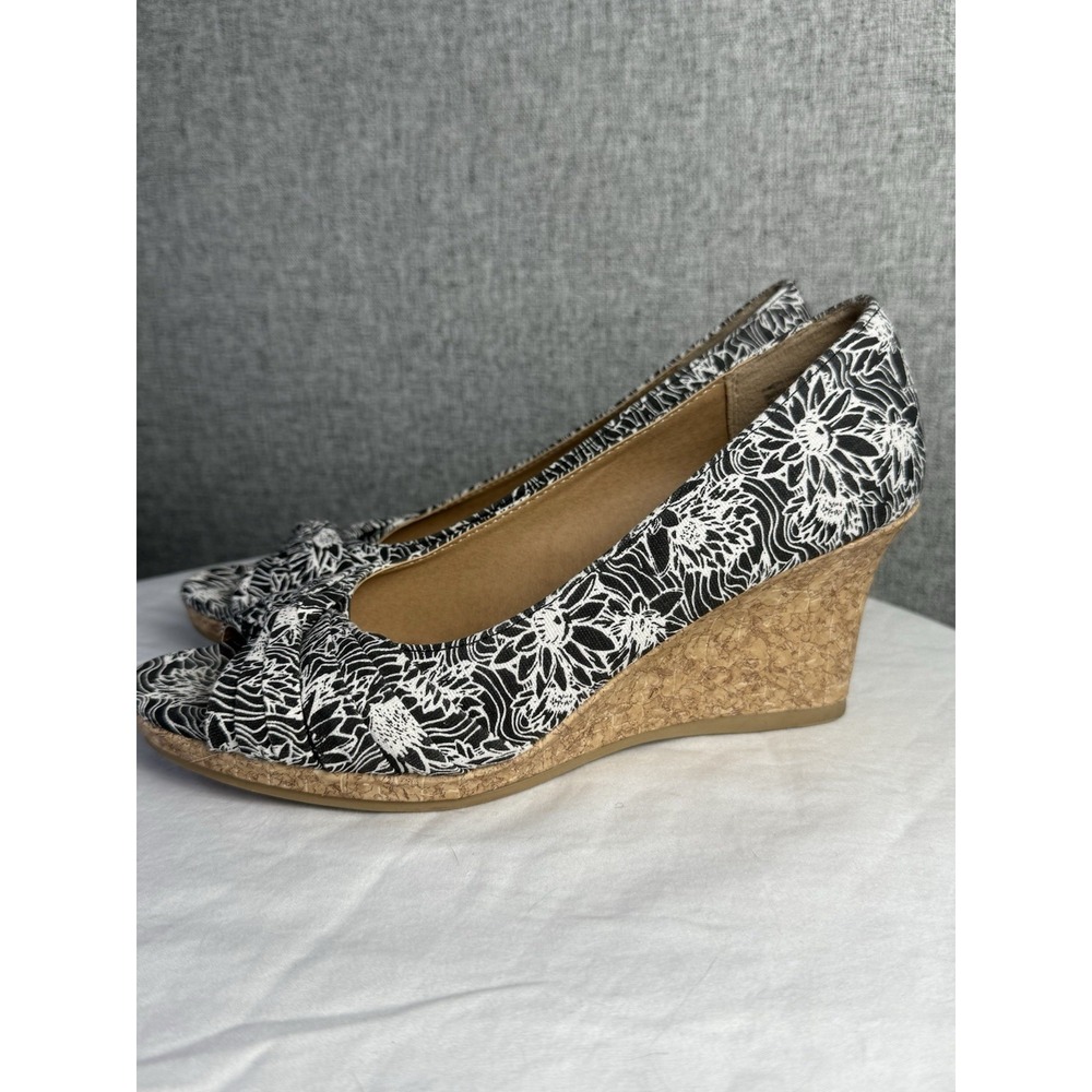 Dexflex‎ Comfort Womens Black White Floral Canvas Peep Toe Cork Wedges Size 7.5